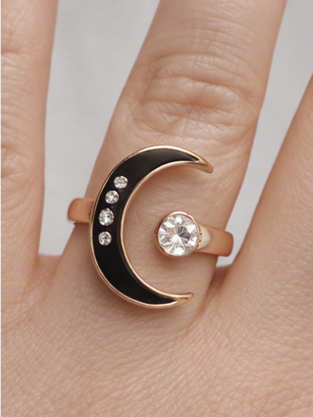 5/$25 Adjustable Gold-Tone Black Crescent Moon Ring with Crystal Accent